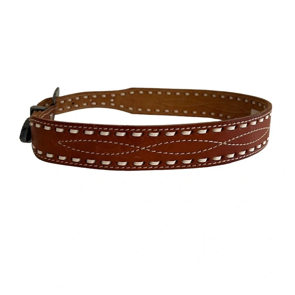 Gilles Herve Paris Brown Leather Belt with Cream Lacing and Detailed Buckle